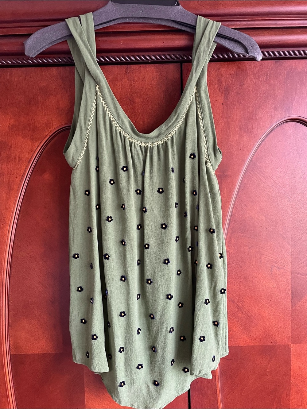Olive Green Embroidered Floral Tank Top - Women